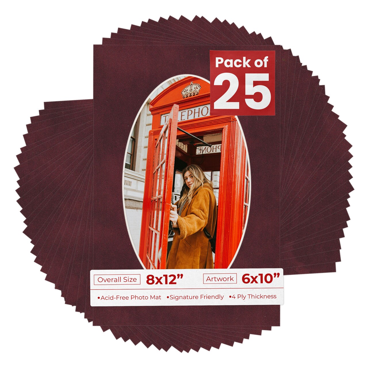 Dark Red Suede Mat Board for 8x12 Frames - Oval Opening for 6x10 Photos